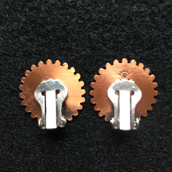 Vintage Solid Copper Earrings Clip On Round Sun - Picture 7 of 9